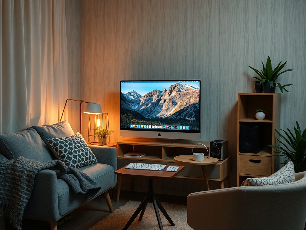 Современный уютный офис: компьютер, растения, мягкая мебель и теплый свет создают атмосферу комфорта.