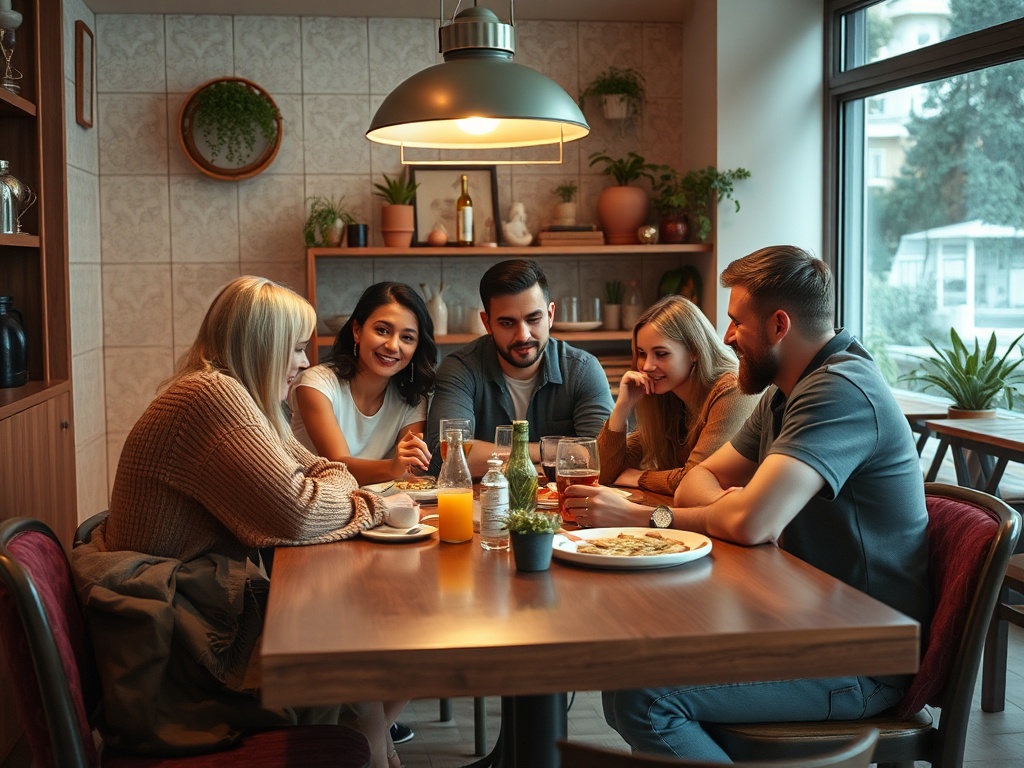 Группа из шести друзей общается за столом в кафе, наслаждаясь едой и напитками в уютной атмосфере.