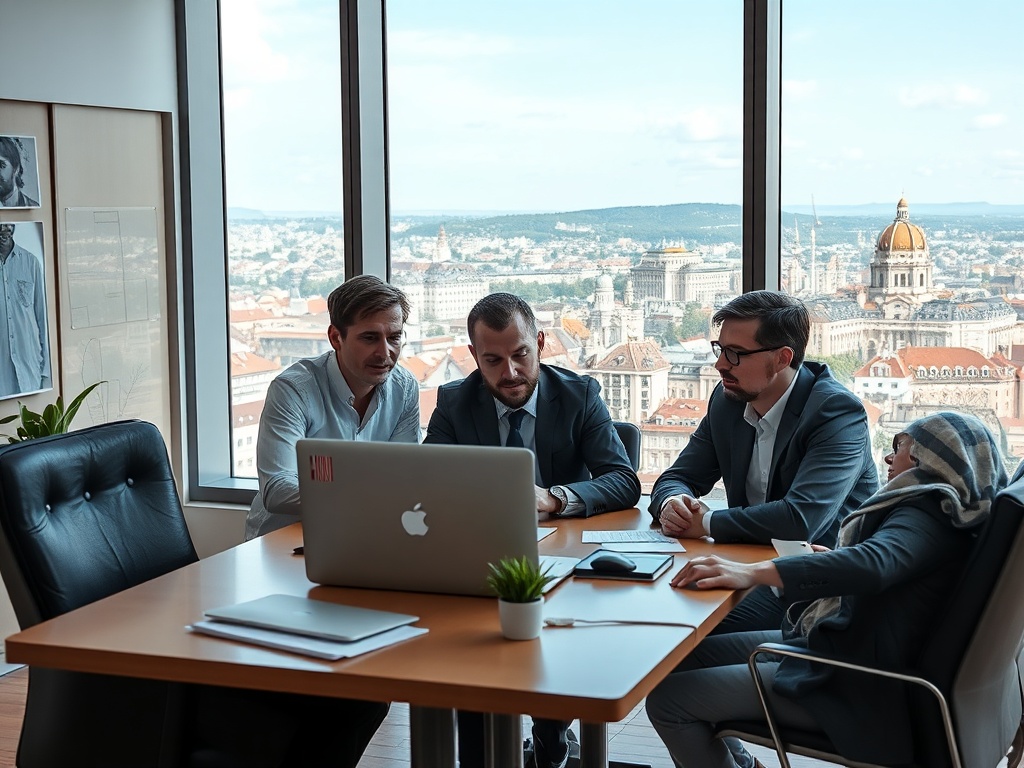 Четыре человека обсуждают что-то за столом в офисе с панорамным видом на город.