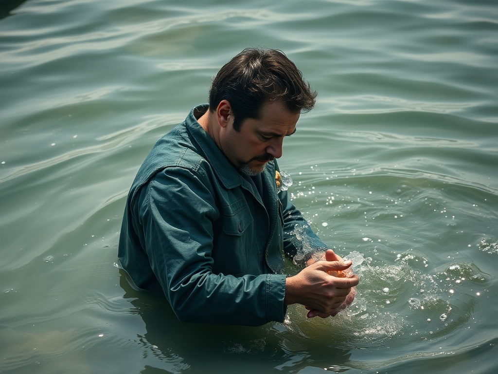 Человек в одежде стоит в воде, держа в руках что-то и погружён в свои мысли. Вокруг легкие волны.
