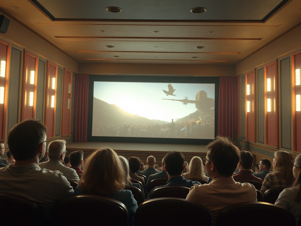 Зрители в кинотеатре смотрят фильм на большом экране, полном напряженных моментов и действующих сцен.