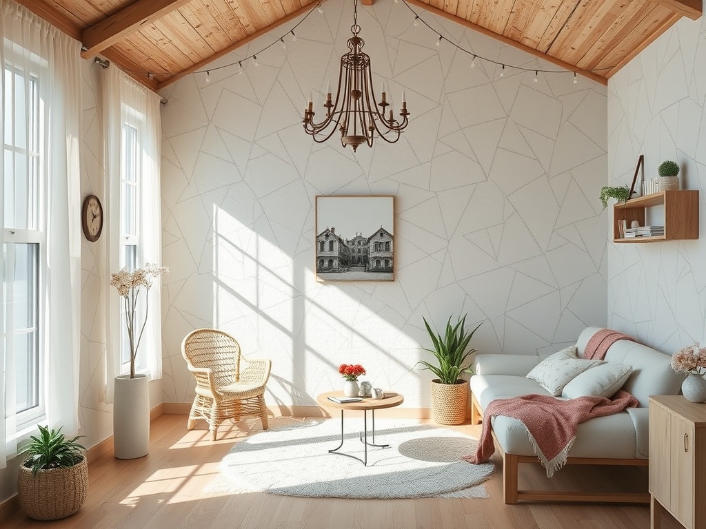 Светлая комната с деревянным потолком, уютной мебелью и зелеными растениями. Комфортная атмосфера для отдыха.