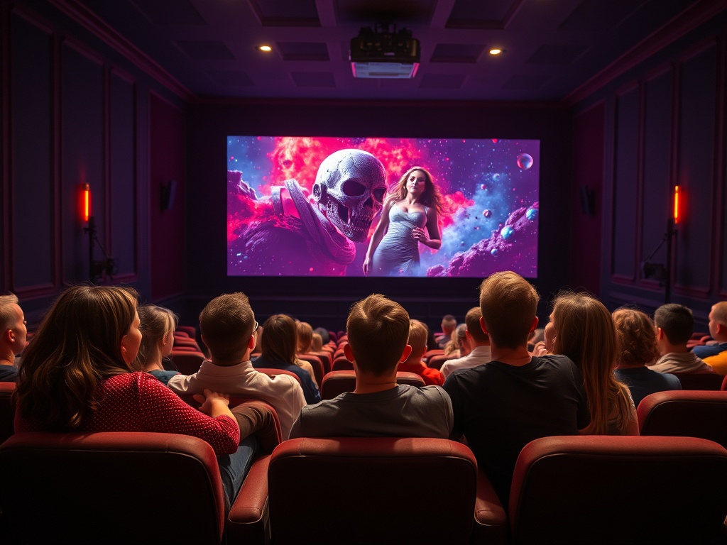 Люди сидят в кинотеатре, смотрят фильм с изображением костюма скелета и женщины в космосе.