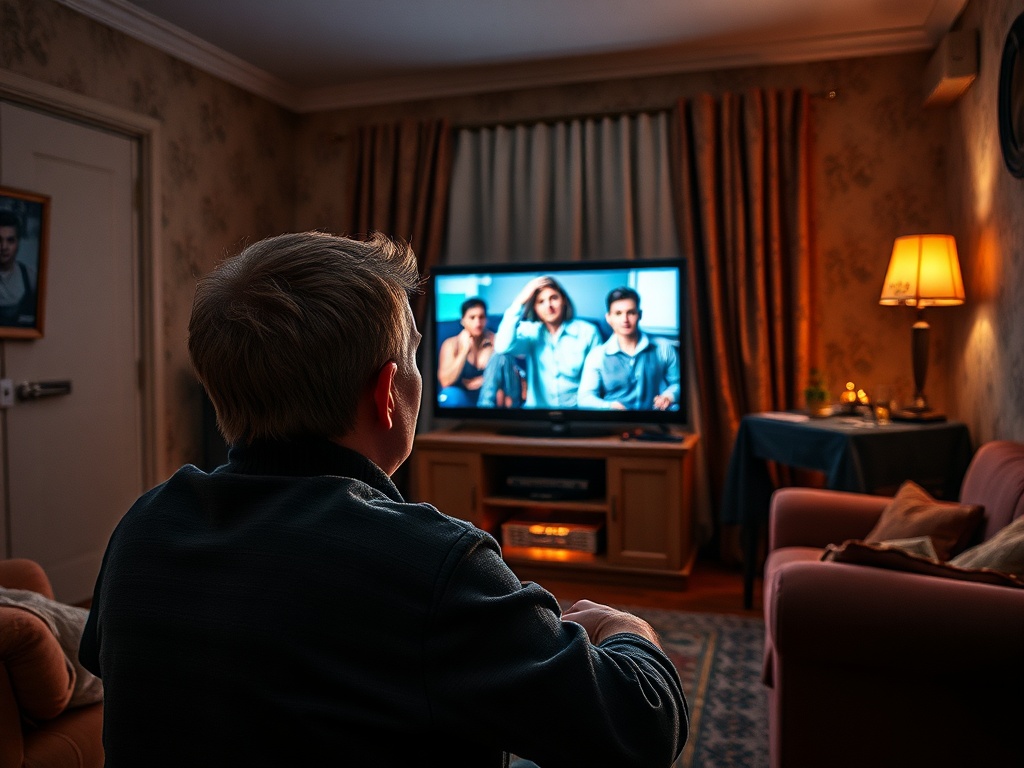 Молодой человек смотрит телевизор в уютной комнате с мягким светом и декором на стенах.