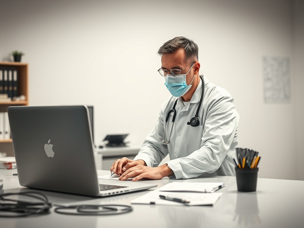 Врач в маске работает за ноутбуком в офисе, на столе находятся документы и канцелярские принадлежности.