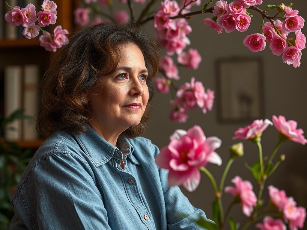 Женщина с волнистыми волосами рядом с цветущими ветвями, задумчиво смотрит вдаль в уютной обстановке.