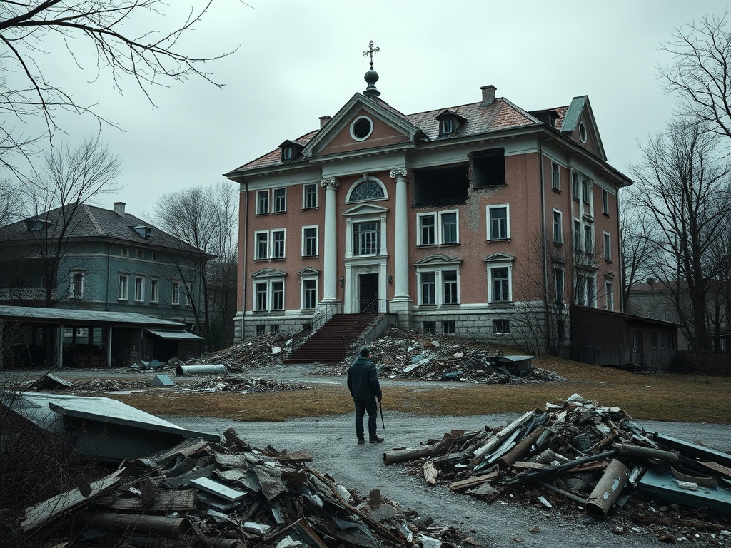 На картине изображено разрушенное здание с мусором вокруг и человеком, стоящим перед ним. Темное небо.