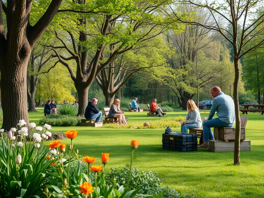 Люди отдыхают в парке, сидя на скамейках среди зелёных деревьев и цветущих растений.