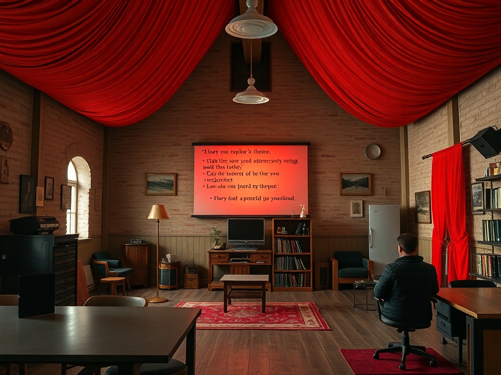 На картине показан уютный кабинет с красными шторами и экраном, на котором написаны советы и размышления.