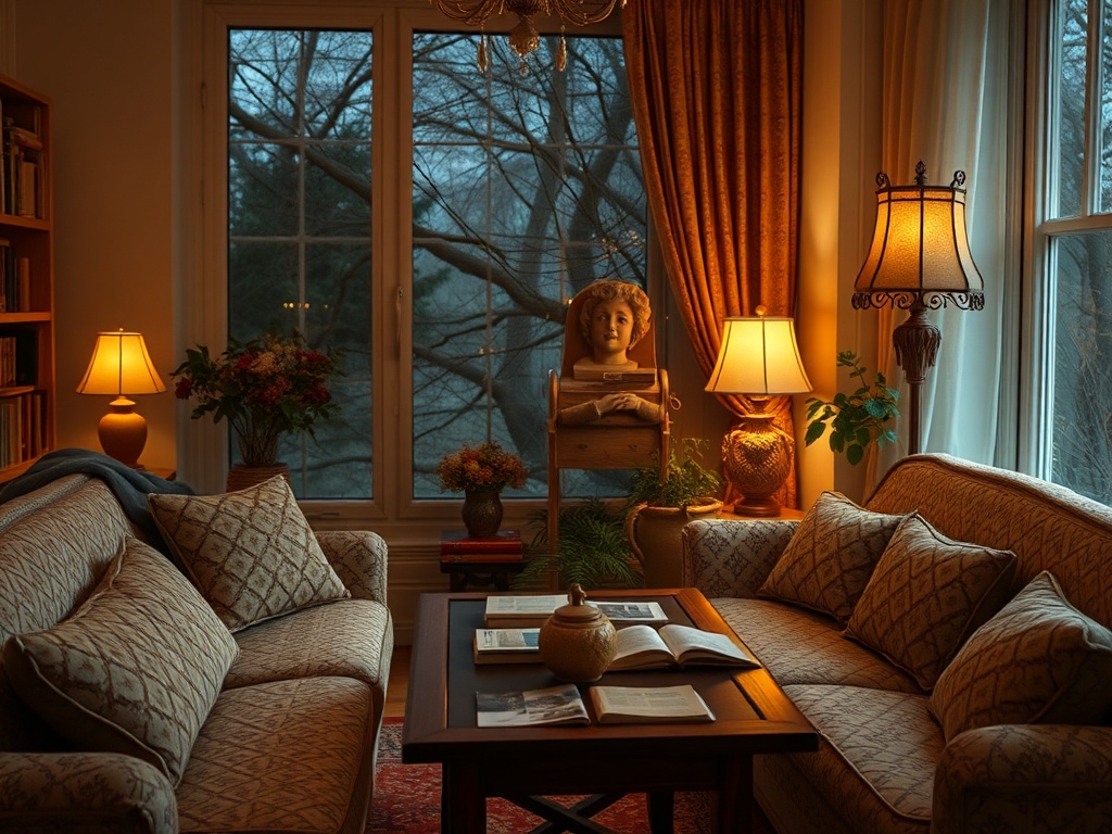 Уютная комната с окнами, мягкими диванами и тёплым освещением, книжными полками и живыми цветами.