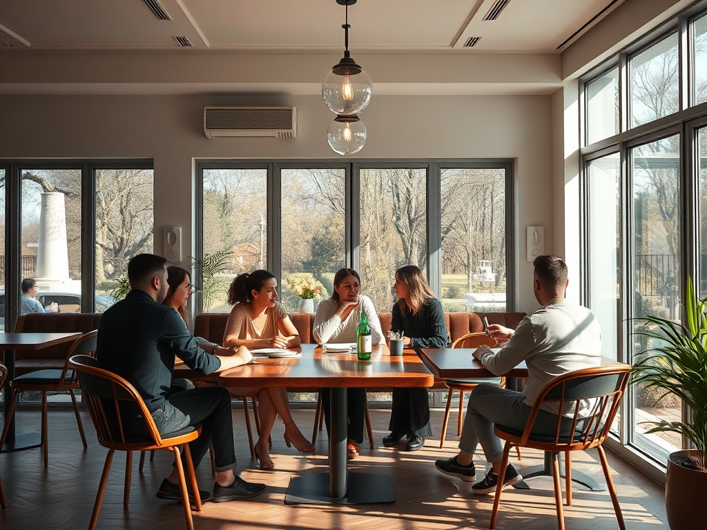 Группа людей обсуждает что-то за круглым столом в уютном кафе с большими окнами.