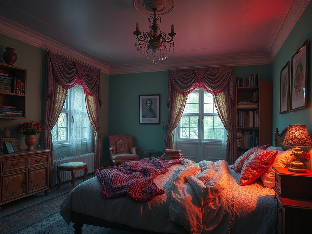 Уютная спальня с мягким освещением, красивыми занавесками и книгами на полках. Комната выглядит приятно и расслабляюще.