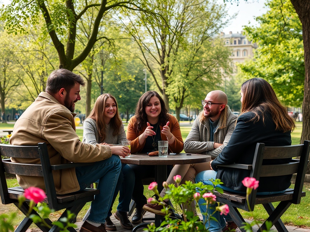 Компания друзей весело обсуждает что-то за столиком в парке, окружённом зелёными деревьями.