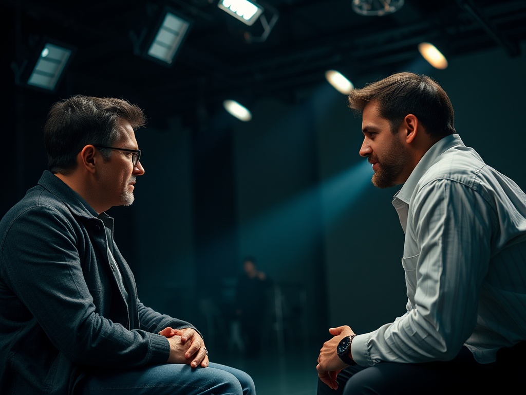 Два мужчины сидят друг напротив друга в помещении с неярким светом, обсуждая что-то важное.