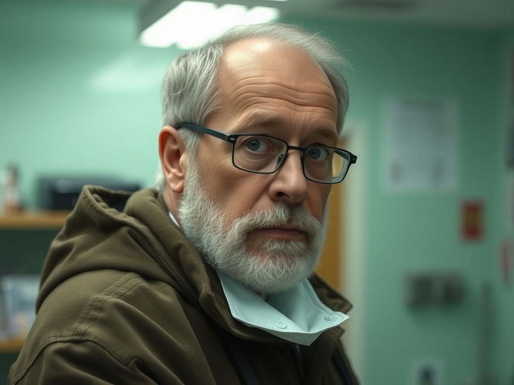 Мужчина с седой бородой и очками, в куртке, смотрит в камеру, находясь в помещении больницы.
