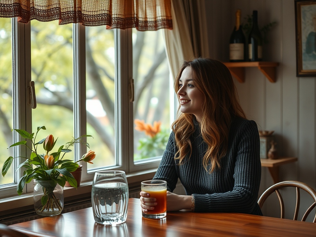 Девушка сидит за столом у окна, наслаждаясь напитком и любуясь природой за окном. На столе цветы и вода.