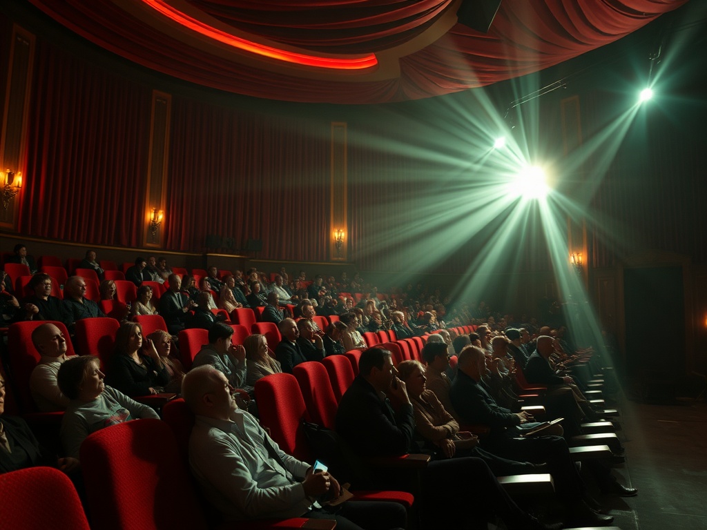 Зал с красными креслами и зрителями, внимательными к экрану и театральным огням.