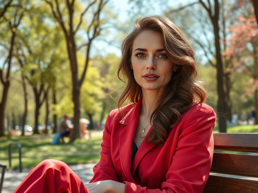 Молодая женщина в красном костюме сидит на скамейке в парке, окруженная зелеными деревьями.