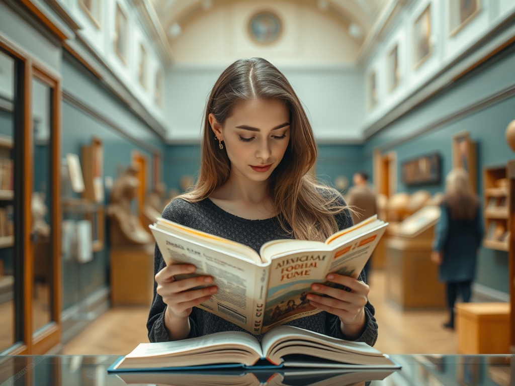Девушка читает книгу в художественном музее, вокруг неё люди и экспонаты. Погружение в искусство и знания.