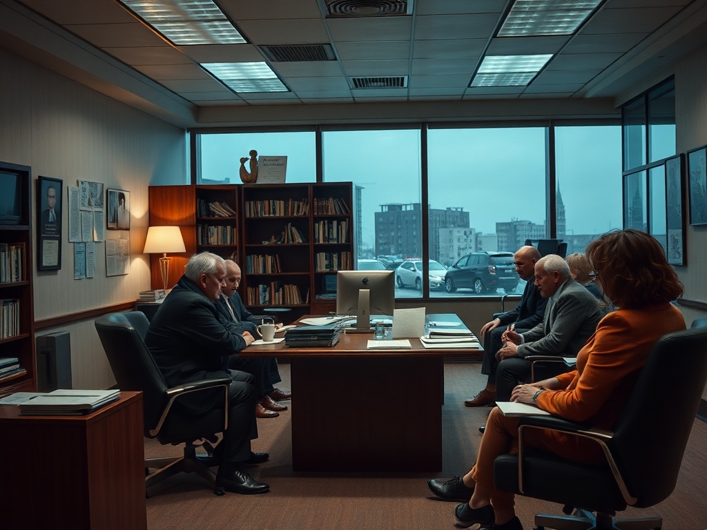 Пять человек обсуждают вопросы в офисе с большим окном, освещённым вечерним светом.