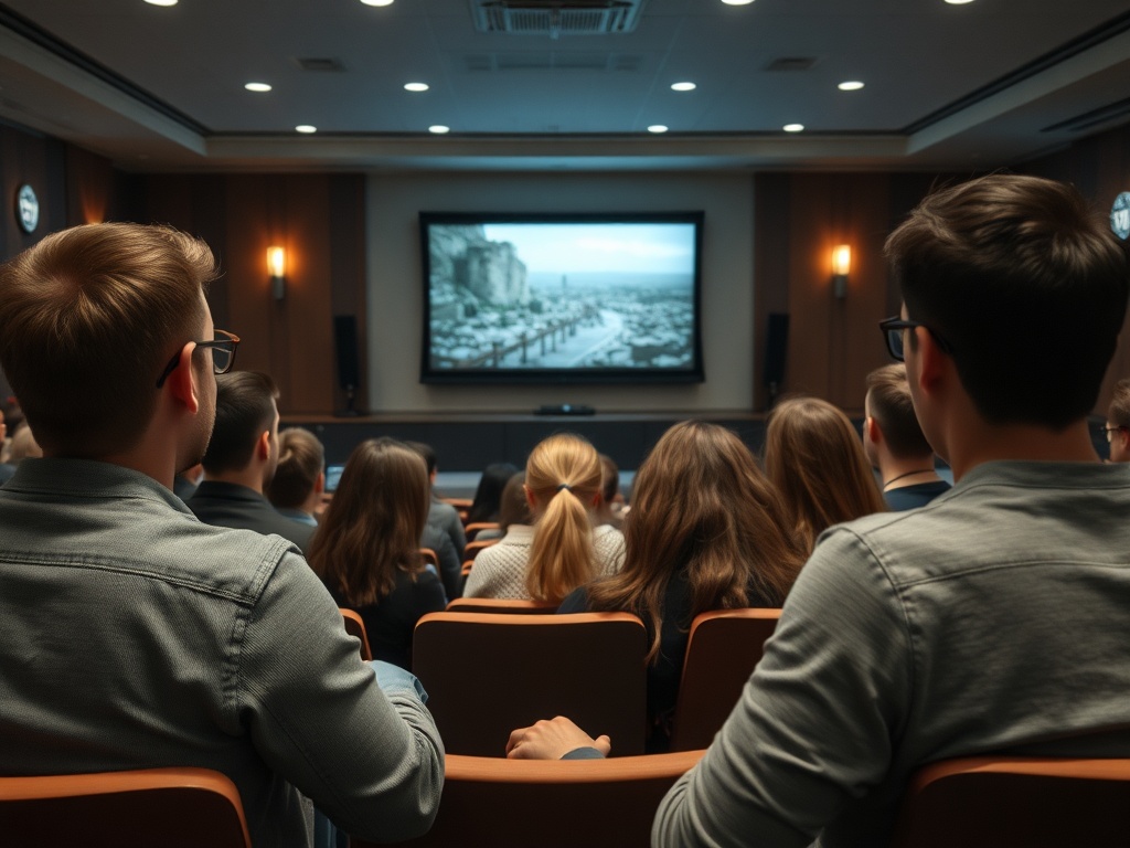 Группа людей сидит в зрительном зале и смотрит фильм на экране. Атмосфера сосредоточенности.