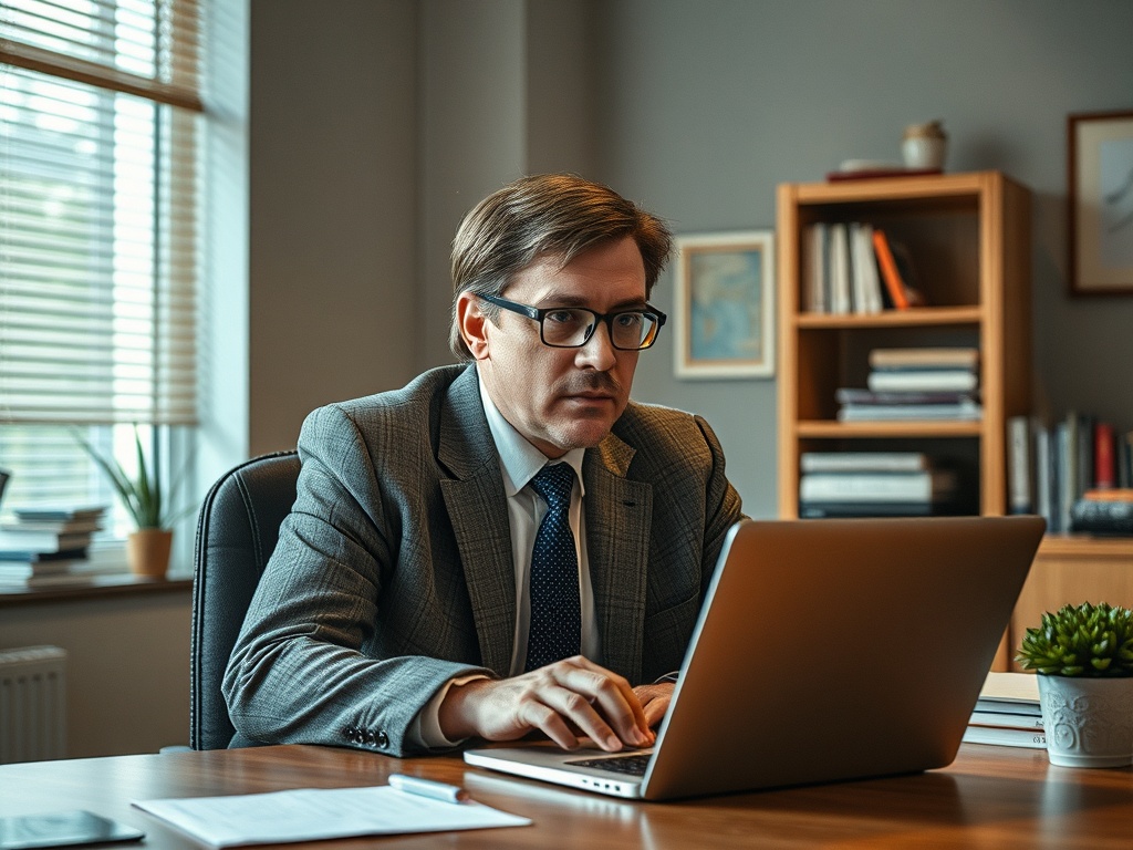 Мужчина в офисе сидит за столом и работает на ноутбуке. Вокруг книги и растения.