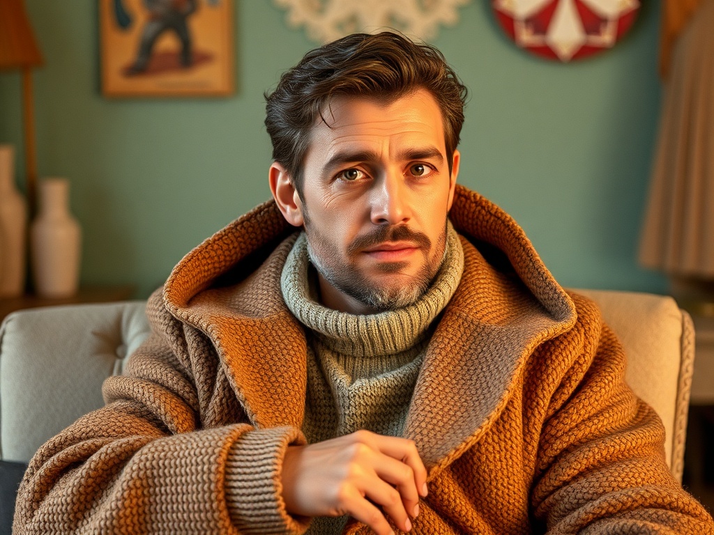 Мужчина в уютном свитере и пальто сидит на диване, смотрит вдаль с задумчивым выражением.