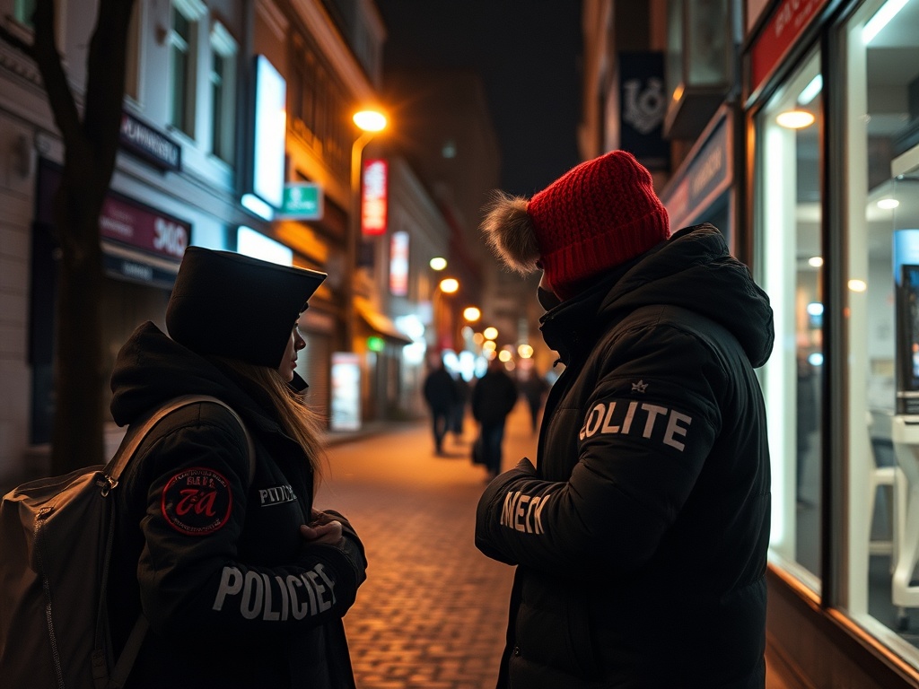 Два человека в зимней одежде разговаривают на улицах города ночью, вокруг светятся огни магазинов.