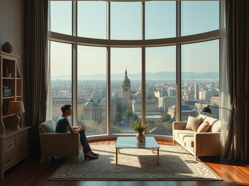 Человек сидит в уютной комнате с большими окнами, наслаждаясь великолепным городским видом.