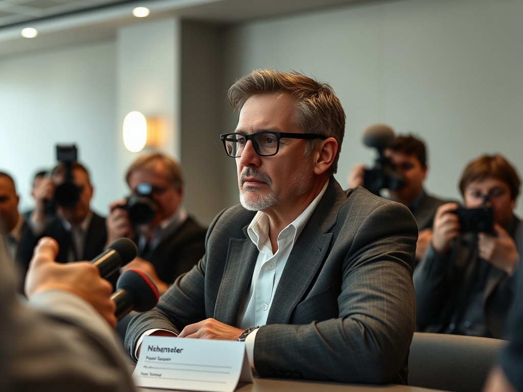 На пресс-конференции мужчина в очках слушает вопросы, вокруг него фотографы с камерами.