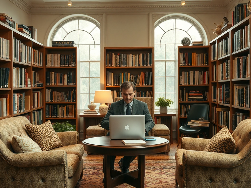 Мужчина в костюме работает за компьютером в библиотеке, окружённый книгами и уютной обстановкой.