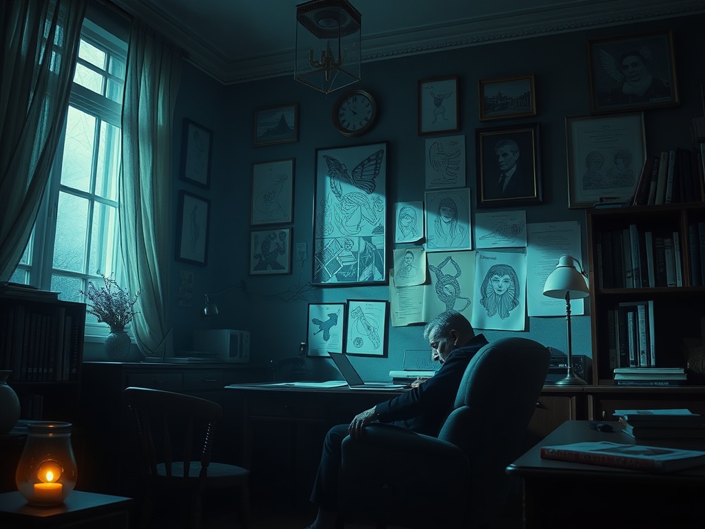 Одинокий человек в кресле в затемнённом кабинете с рисунками на стенах и одним пламенем свечи.