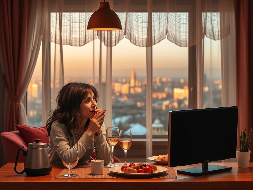 На фоне заката девушка с бокалом смотрит на экран, рядом еда и уютная обстановка.