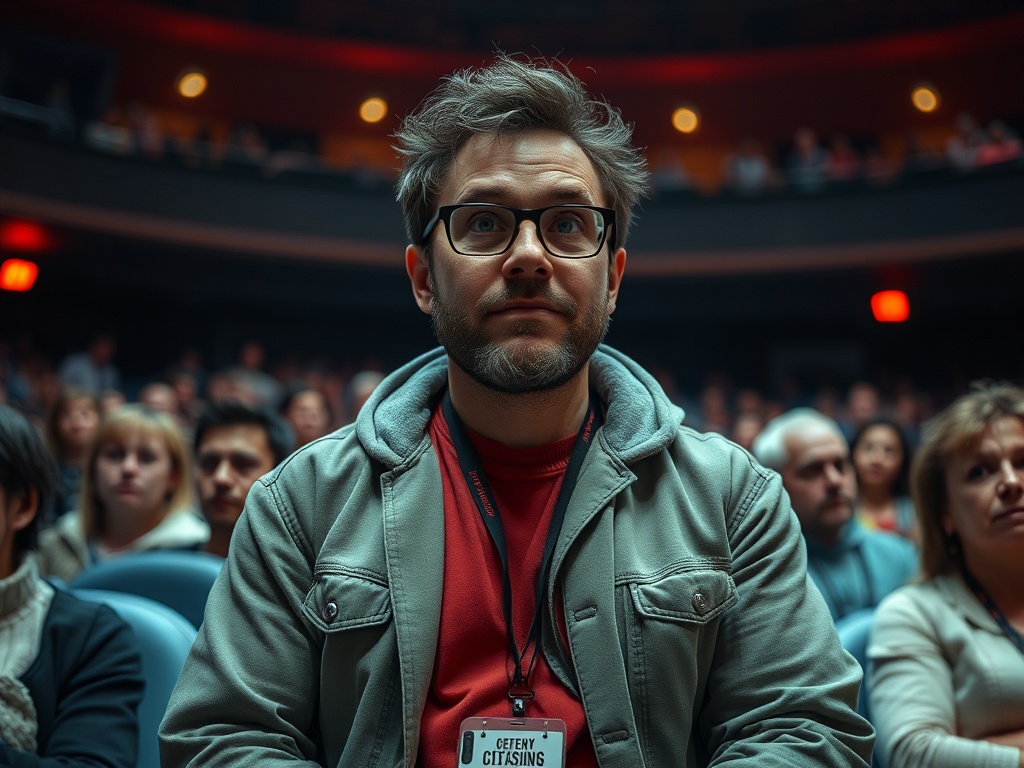 Мужчина в очках на фоне зрителей в театре, выглядит сосредоточенным и заинтересованным.