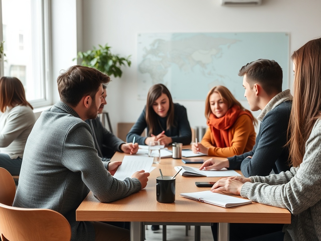 Группа людей за столом на совещании, обсуждающих идеи и записывающих заметки. В комнате светло и уютно.