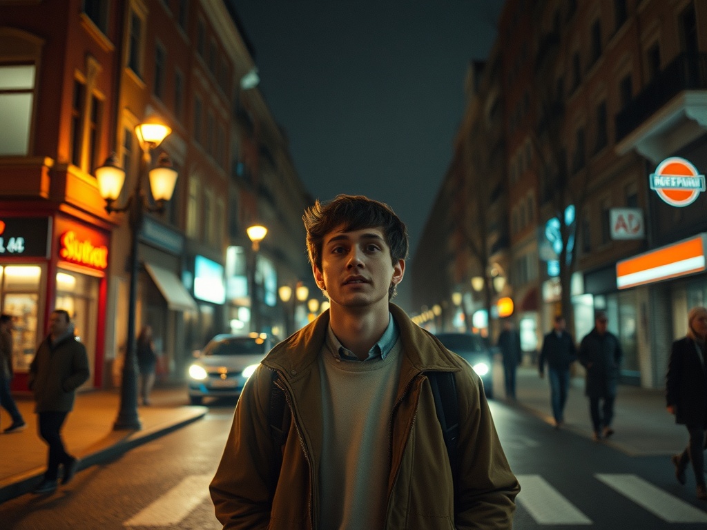 Молодой парень стоит на пешеходном переходе в оживленной городской улице ночью. Люди проходят мимо.