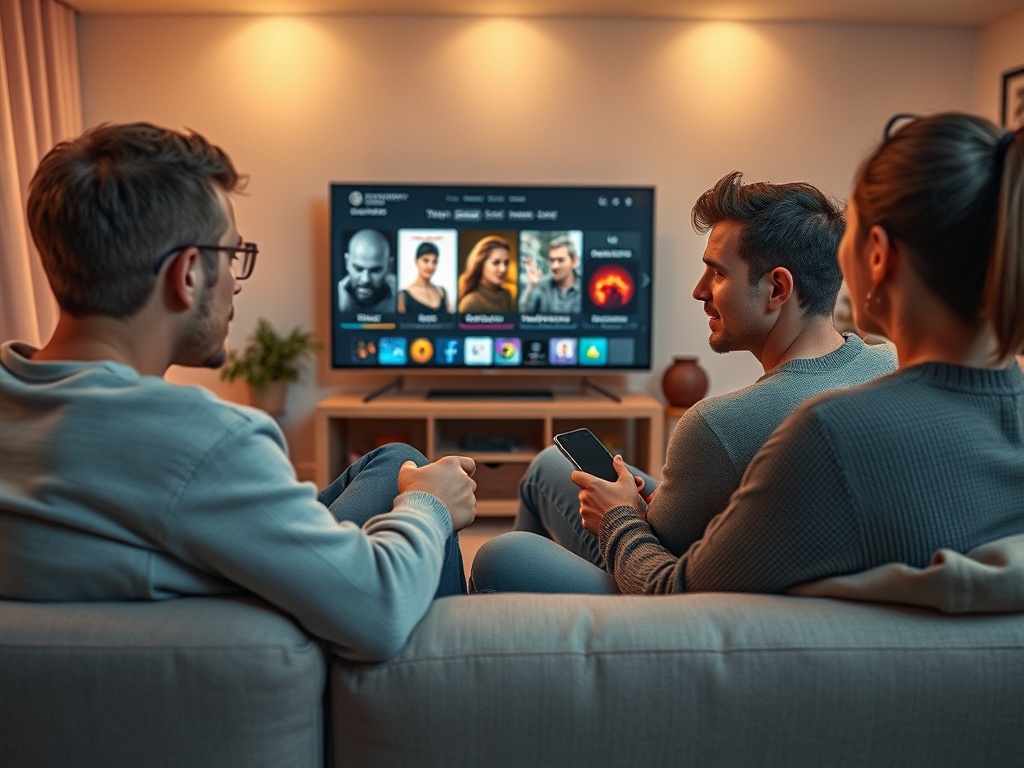 Трое людей сидят на диване, смотрят телевизор и обсуждают выбранный контент. Сцена уютная и дружеская.