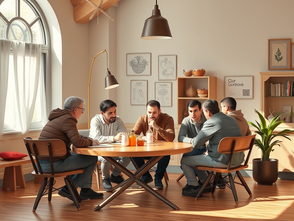 Группа мужчин обсуждает что-то за круглым столом в светлом помещении с растениями и картинами на стенах.