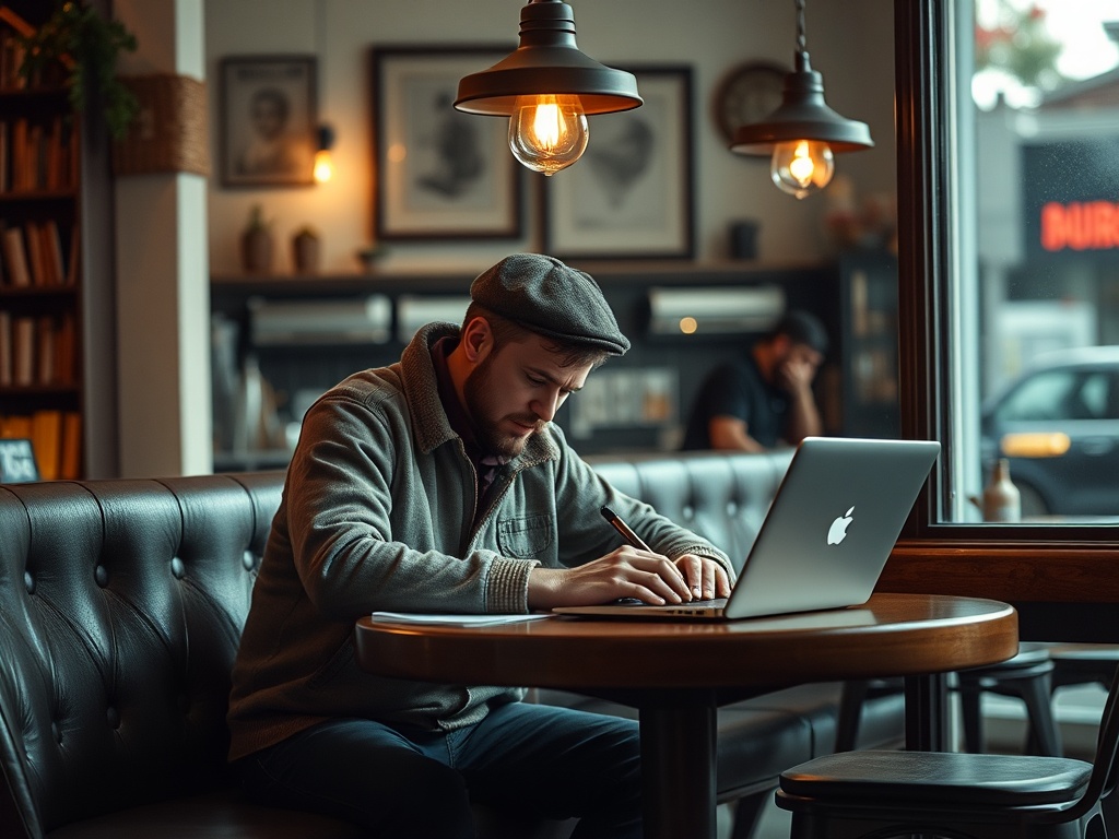 Молодой человек в шляпе работает за ноутбуком в уютной кафе с мягким освещением и книгами на полках.