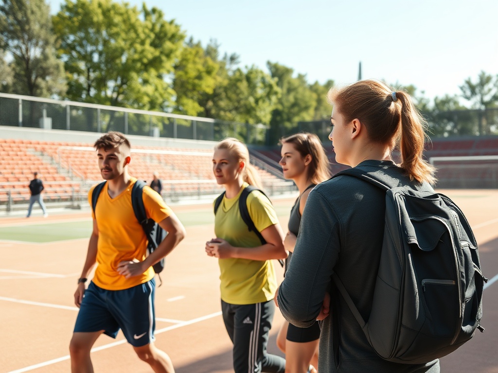 Группа молодых людей в спортивной одежде идет по стадиону в солнечный день.