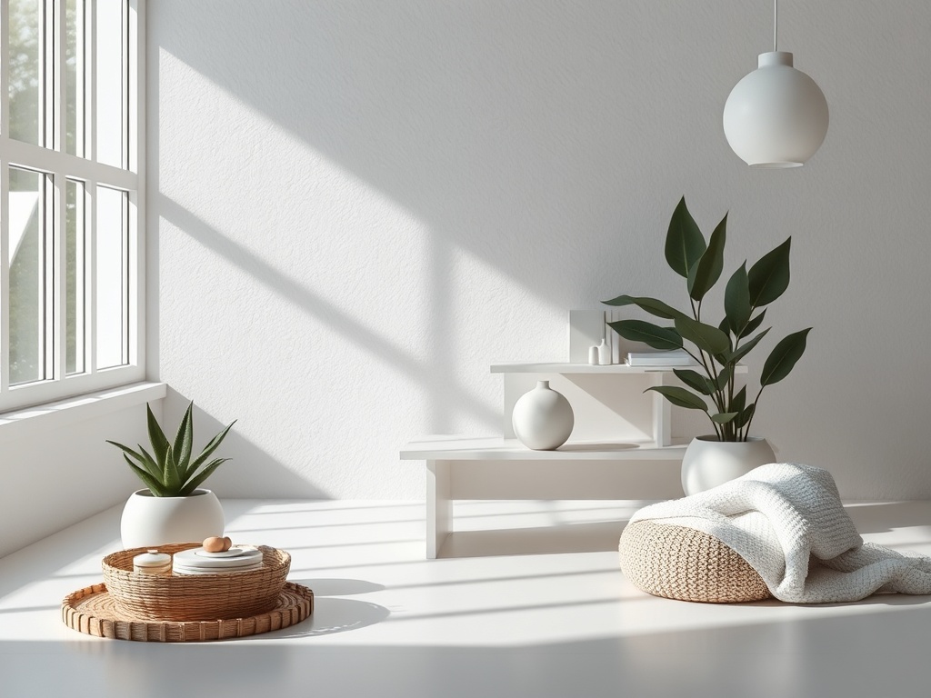 Современный интерьере с большими окнами, растениями и уютными текстурами на светлом фоне.