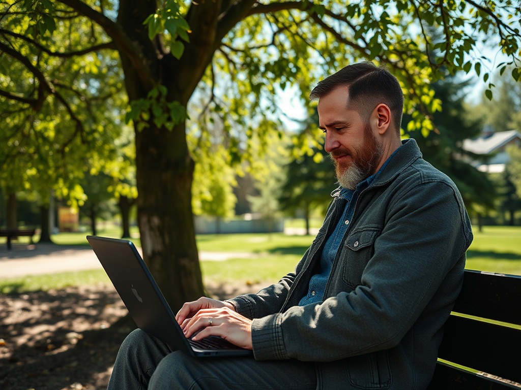 Мужчина сидит на скамейке в парке и работает на ноутбуке под зелеными деревьями.