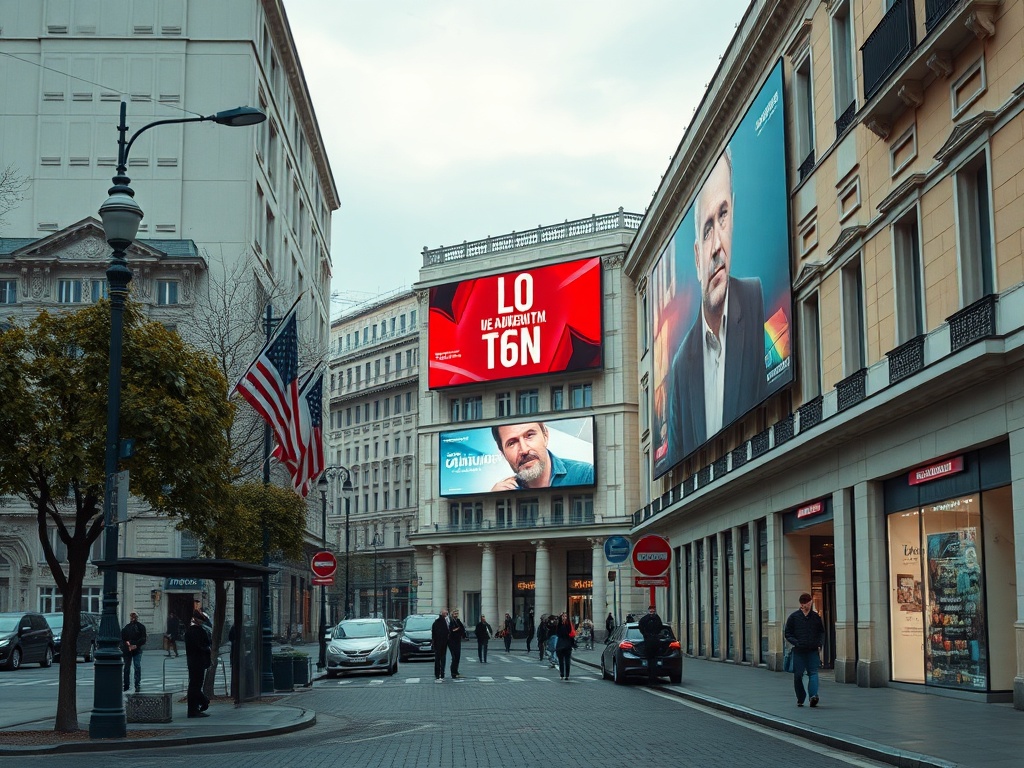 На улице с рекламными счетами, людьми и автомобилями, деревьями и зданиями. Похожая на городская сцена.