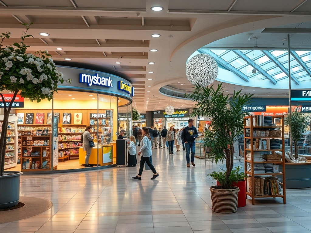 Торговый центр с магазинами, посетителями и яркими витринами в современном интерьере.