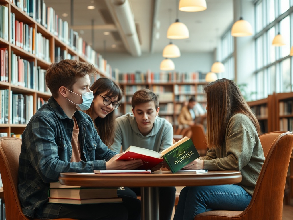 Четыре студента обсуждают книги за столом в библиотеке, окруженные стеллажами с книгами.