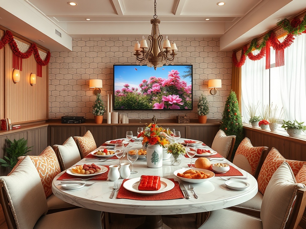Уютный обеденный стол с изысканными блюдами и украшениями к празднику. На фоне экран с цветами.