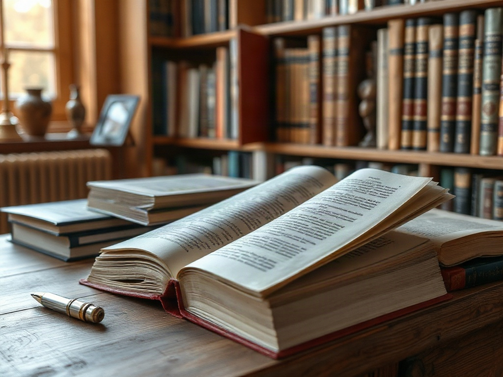 На столе открытые книги и письменная ручка, окруженные уютной библиотекой с полками книг.