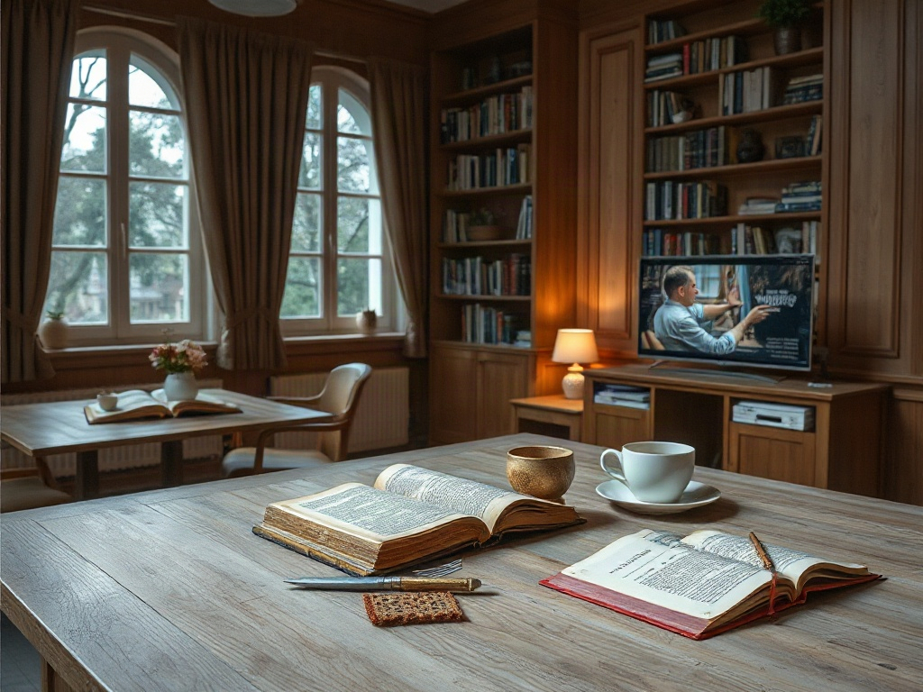 Уютный кабинет с книгами, чашкой кофе и телевизором, а за окном видна природа.